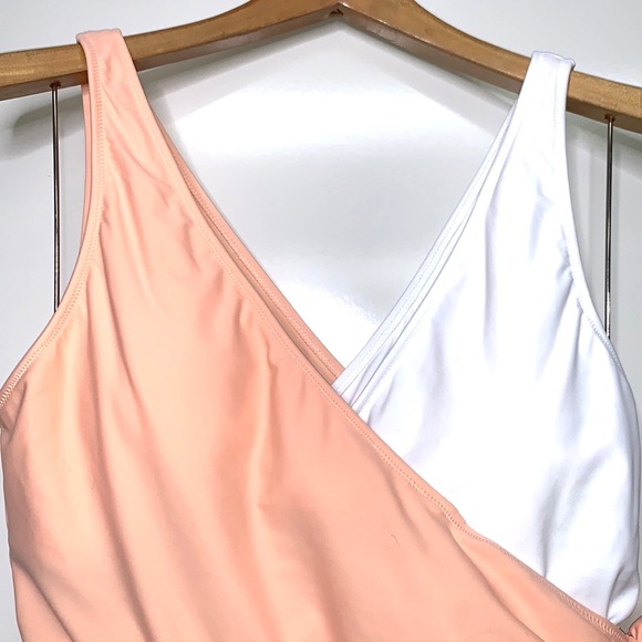 NWT CUPSHE Orange White Colorblock One Piece Swimsuit Patchwork Belt Wrap V-neck - Picture 3 of 8